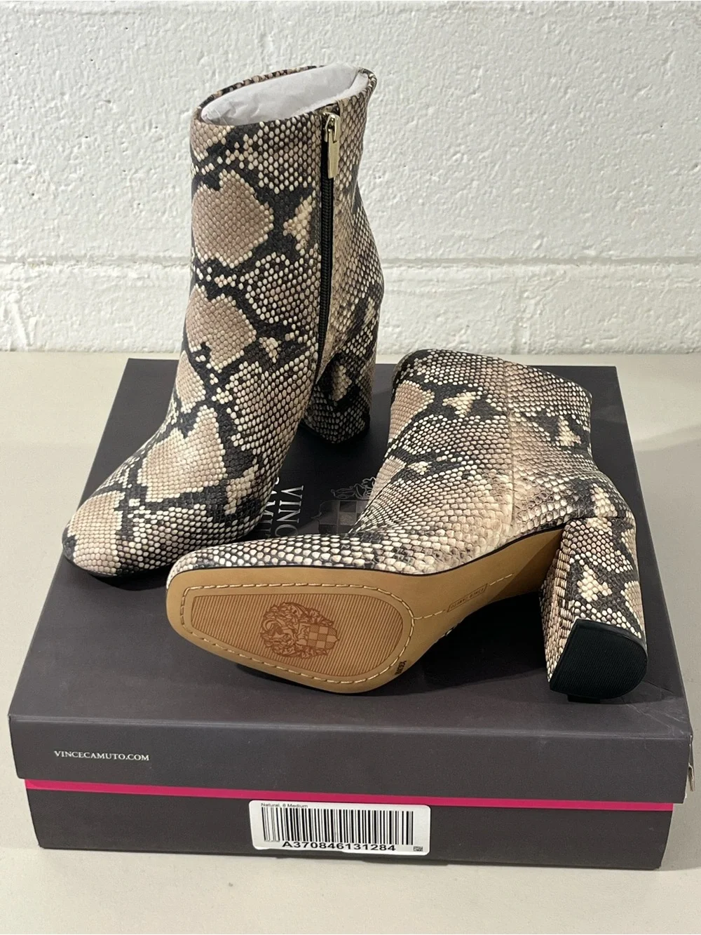 Vince Camuto Snake-Print Ankle Booties in Beige and Black